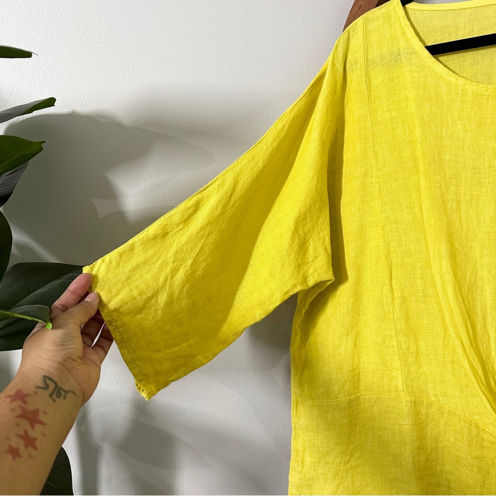 Made in Italy LARGE Yellow 100% Linen Tie Waist Blouse - Picture 2 of 7
